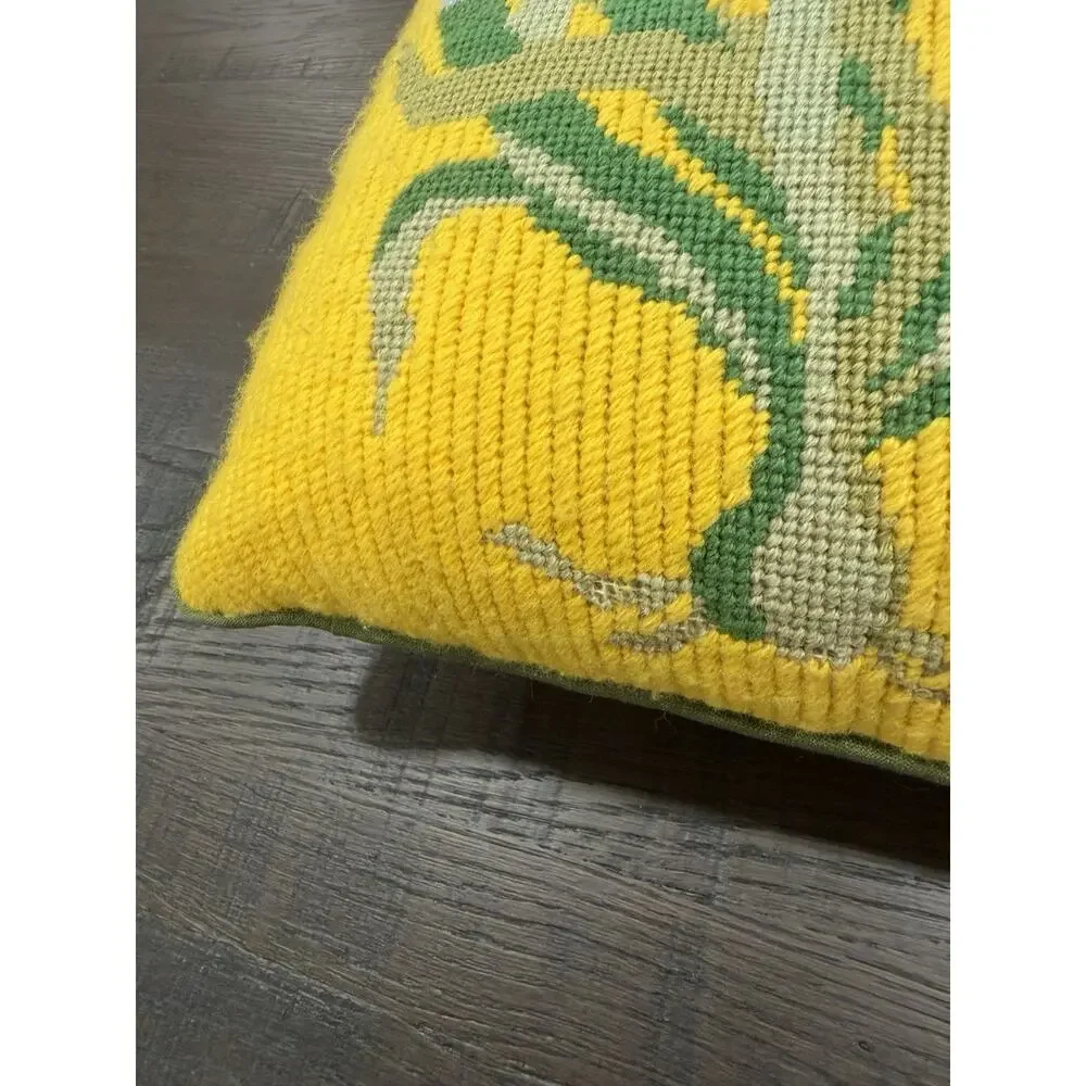 Vintage Needlepoint Iris Flower Throw Pillow 13x13 Green Back Cottage Decor